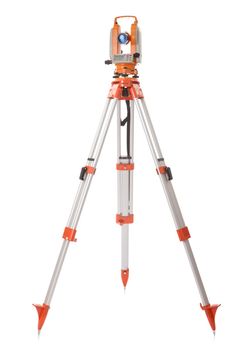 Survey equipment theodolite on a tripod. Isolated on white