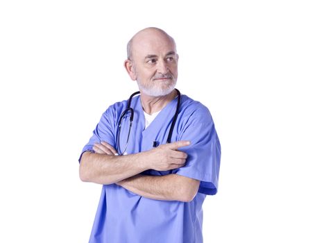 Close up image of a male surgeon pointing his finger on the side and a stethoscope on his shoulder