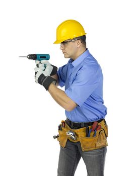 A young masculine worker holding a construction tool on a white background