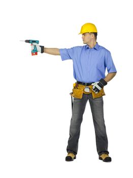 Image of a manual construction worker wearing tool belt, hard hat and holding drill machine. Model: Denis Bryzgounov