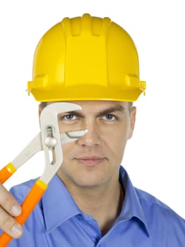 Businessman wearing a yellow hard hat with adjustable wrench