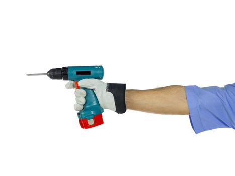 A worker holding a drilling tool used in construction job 
