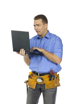 Image of a unhappy architect with laptop making a face against white background. Model: Denis Bryzgounov