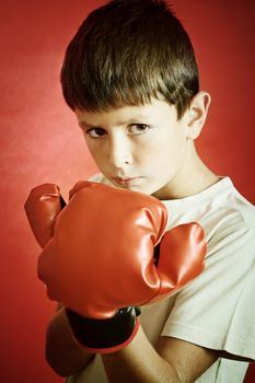 Young Boy Boxer with red Boxing Gloves 