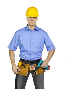 A man with construction tools on his tool belt and holding a cordless drill