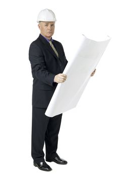 Portrait of architect holding a plan while looking at camera against white background