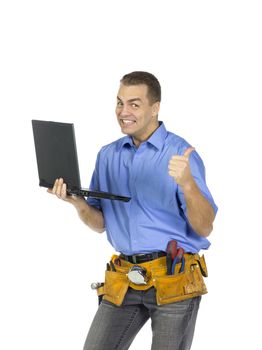 Portrait of construction worker smiling while holding a laptop isolated on white background