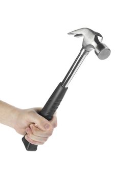 Close up image of human hand holding a hammer against white background