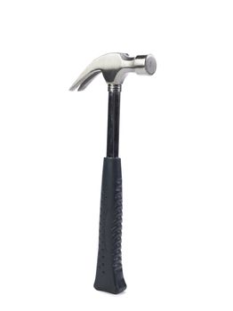 Portrait of a steel hammer with a rubber handle isolated on a white background 