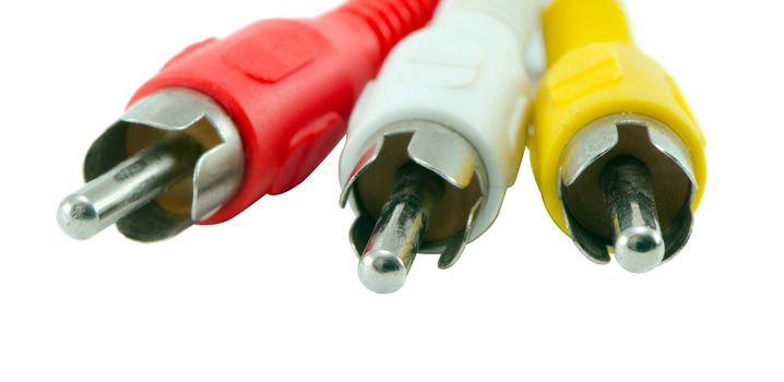 Closeup of colorful tulip video audio tv cable wires. Red yellow and white connectors plugs