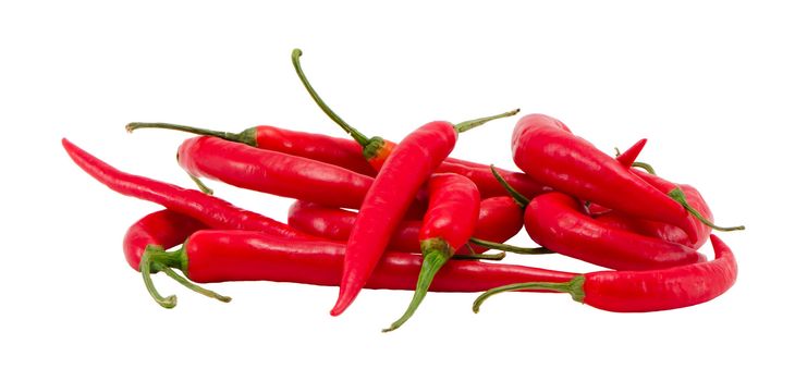 Pile of natural red hot chilli peppers paprika isolated on white background. Healhy ecologic food.