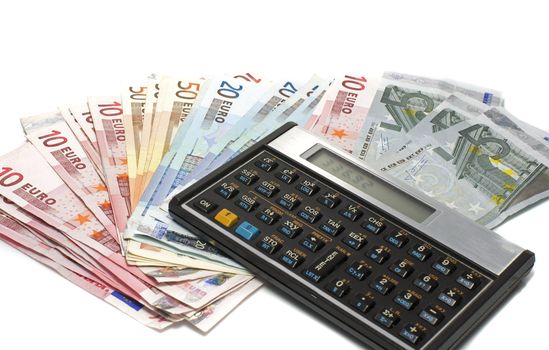 euro calculation with money isolated on white
