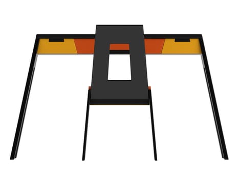 Matching black modern table and chair with orange and yellow decoration isolated on a white background