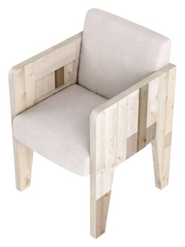 Modern wooden framed armchair with upholstered cushions isolated on a white background
