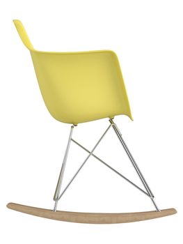 Innovative rocking chair design with a modular seat , metal frame and wooden rockers isolated on a white bckground
