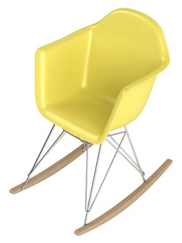 Innovative rocking chair design with a modular seat , metal frame and wooden rockers isolated on a white bckground