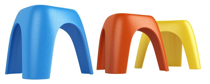 Three colourful modern modular stools in red, blue and yellow in a row with diminishing perspective isolated on a white background