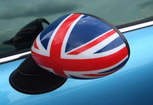 British flag on the car side mirror