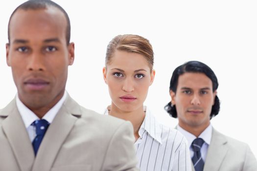 Big close-up of a serious business team in a single line with focus on the woman