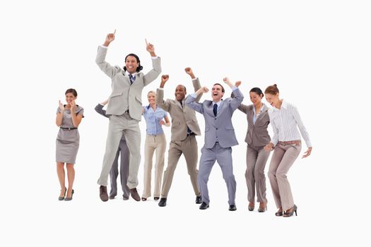 Very enthusiast business people jumping and raising their arms against white background