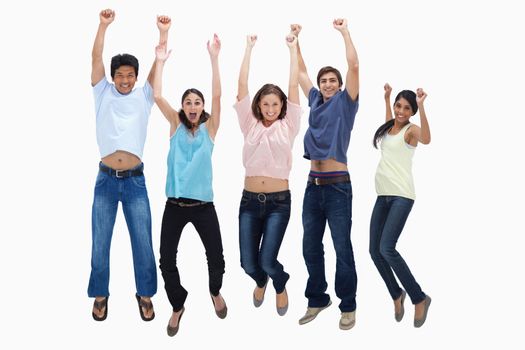 Customers jumping for joy against white background