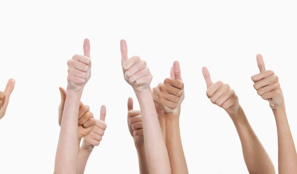 Thumbs raised and hands up against white background