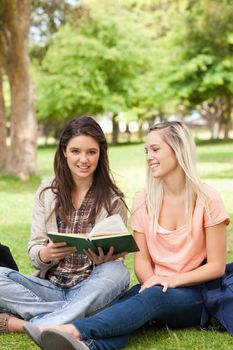 Teo teenagers sitting with a textbook in a park