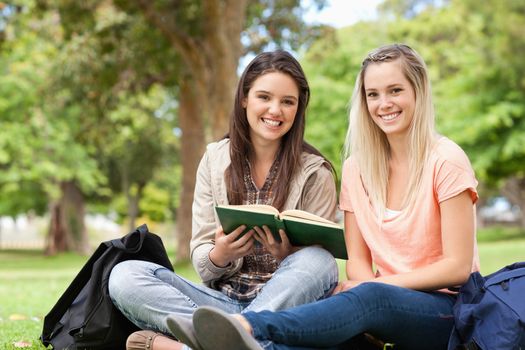 Smiling teenagers sitting while studying with a textbook in a park