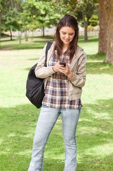 Young student standing while using a smartphone in a park