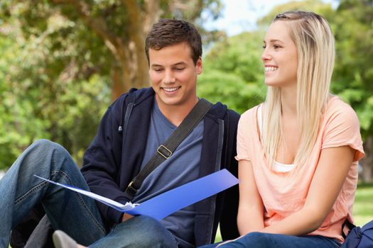 Smiling tutor helping a teenager to revise in a park