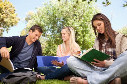 Low angle-shot of three young people working in a park