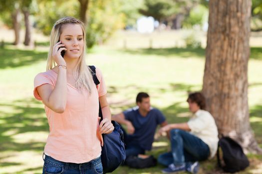 Girl on the phone in a park with friends in background