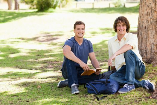 Two male students posing while studying in a park