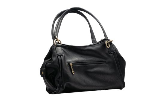 Isolated black leather handbag fashion accesory with two handles and a front zipper pocket