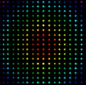 Multicolored dots placed in lines against a black background