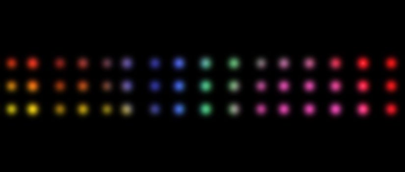 Three lines of multicolored dots against a black background