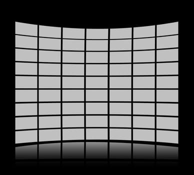 Grey screens forming a panel against a black background