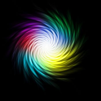 Bright multicolored curves making a spiral against a black background