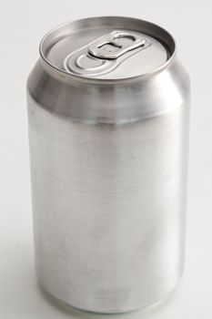 Close up of an aluminium can against a white background 