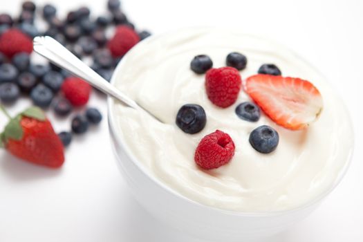 Bowl of cream with fresh berries against a white background