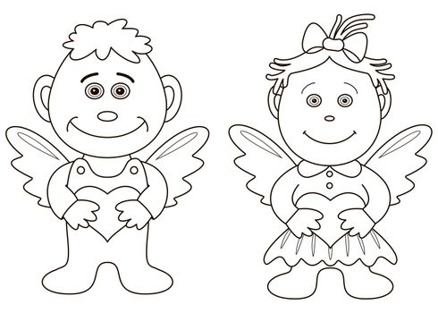 Girl and boy angels with hearts. Picture about love and valentine's day, contours