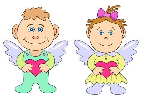 Girl and boy angels with hearts. Picture about love and valentine's day