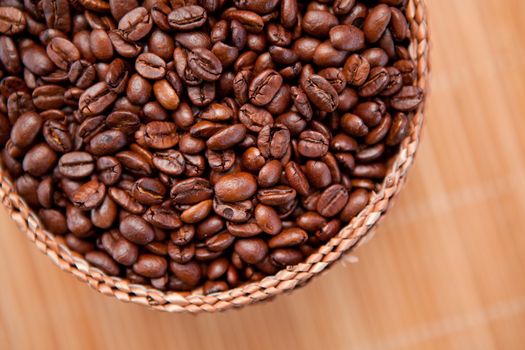 Close up of roasted coffee seeds in a basket