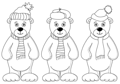 Teddy bears in winter cap and scarf, friends, contours