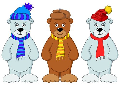 Teddy bears in winter cap and scarf, friends, set