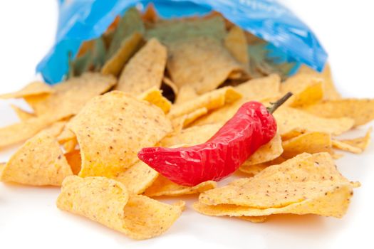Open bag of crisps with a red pimento against white background