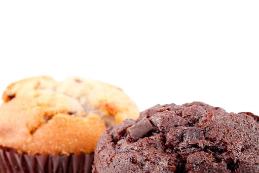 Close up of chocolate muffin and regular muffin against a white background