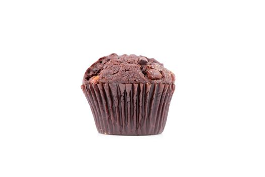 Fresh baked chocolate muffin against a white background