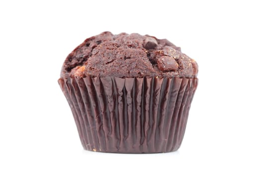 Close up of a fresh baked chocolate muffin against a white background