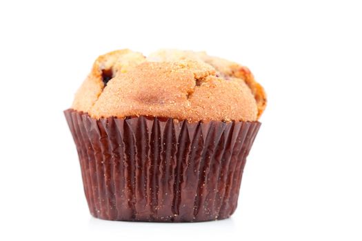 Close up of a fresh baked muffin against a white background